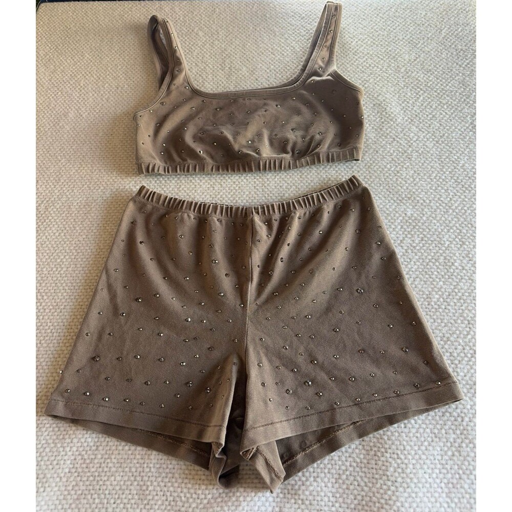 SKIMS Rhinestone 2 Piece Set Tank Top & Shorts Taupe Brown Medium